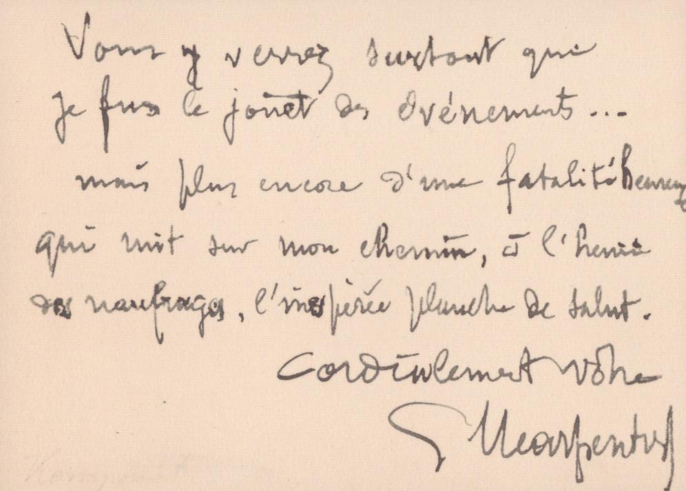 Charpentier, Gustave - Signed Visiting Card with Note.